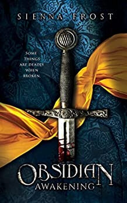 Book cover for novel Obsidian shows a sword hilt with a yellow cloth flowing below it. 